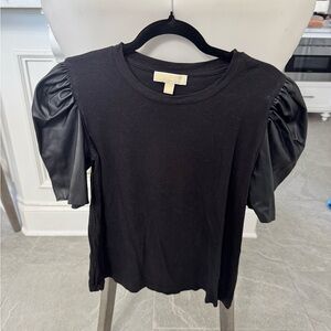 Michael Kors Black Short Sleeve Top with Faux Leather Puff Sleeves